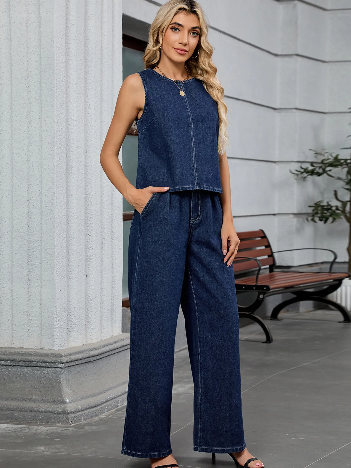 Round Neck Tank and Pants Denim Set - Image 4