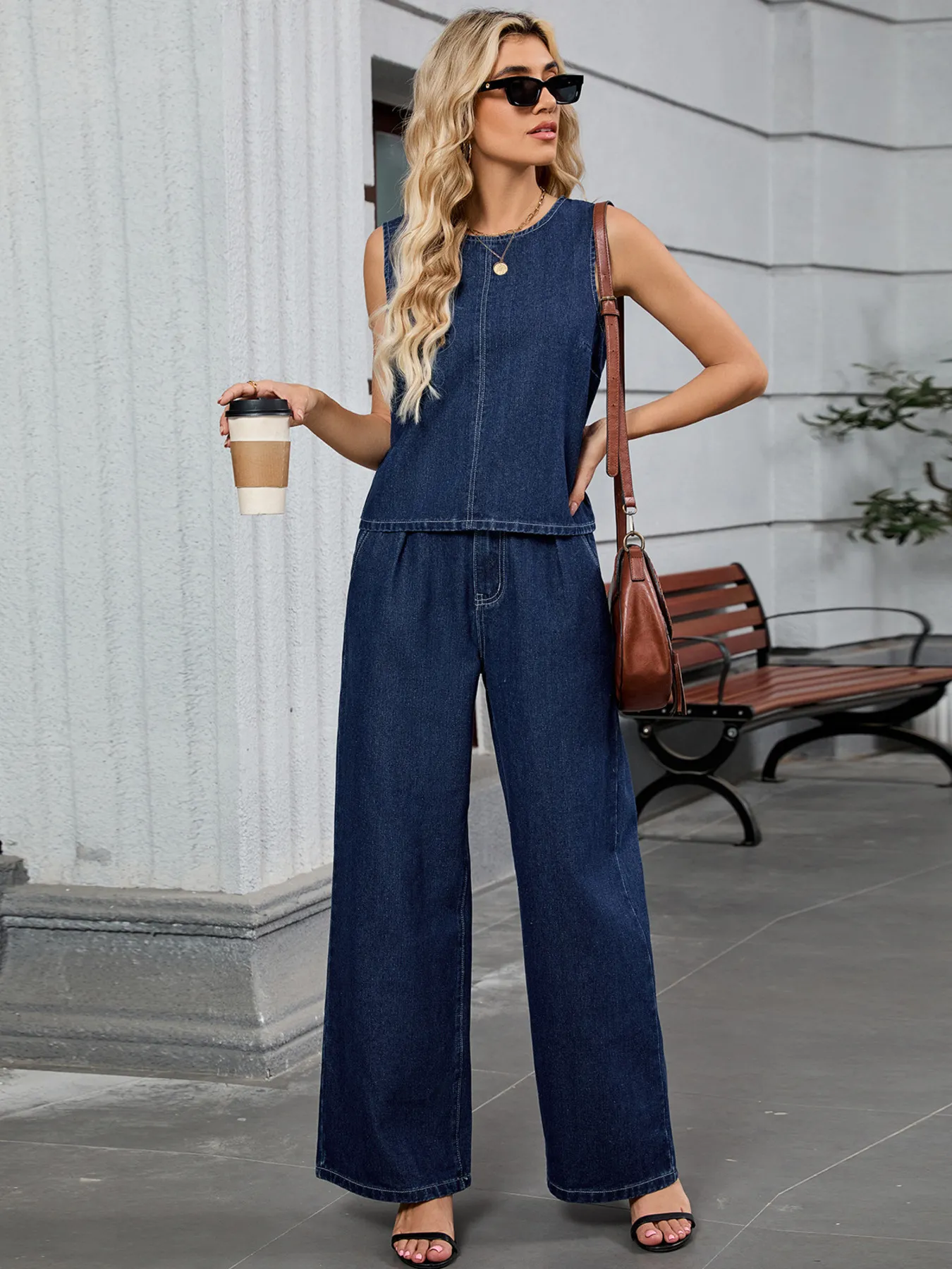 Round Neck Tank and Pants Denim Set - Image 5