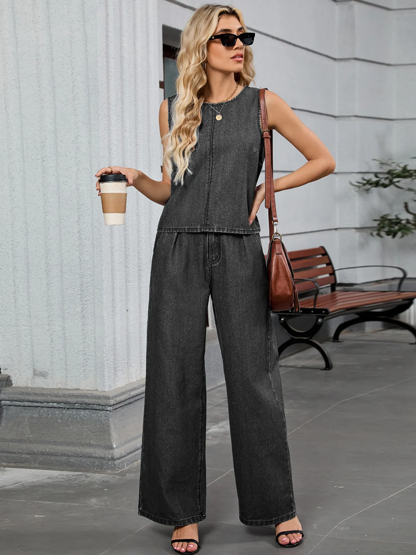 Round Neck Tank and Pants Denim Set - Image 7