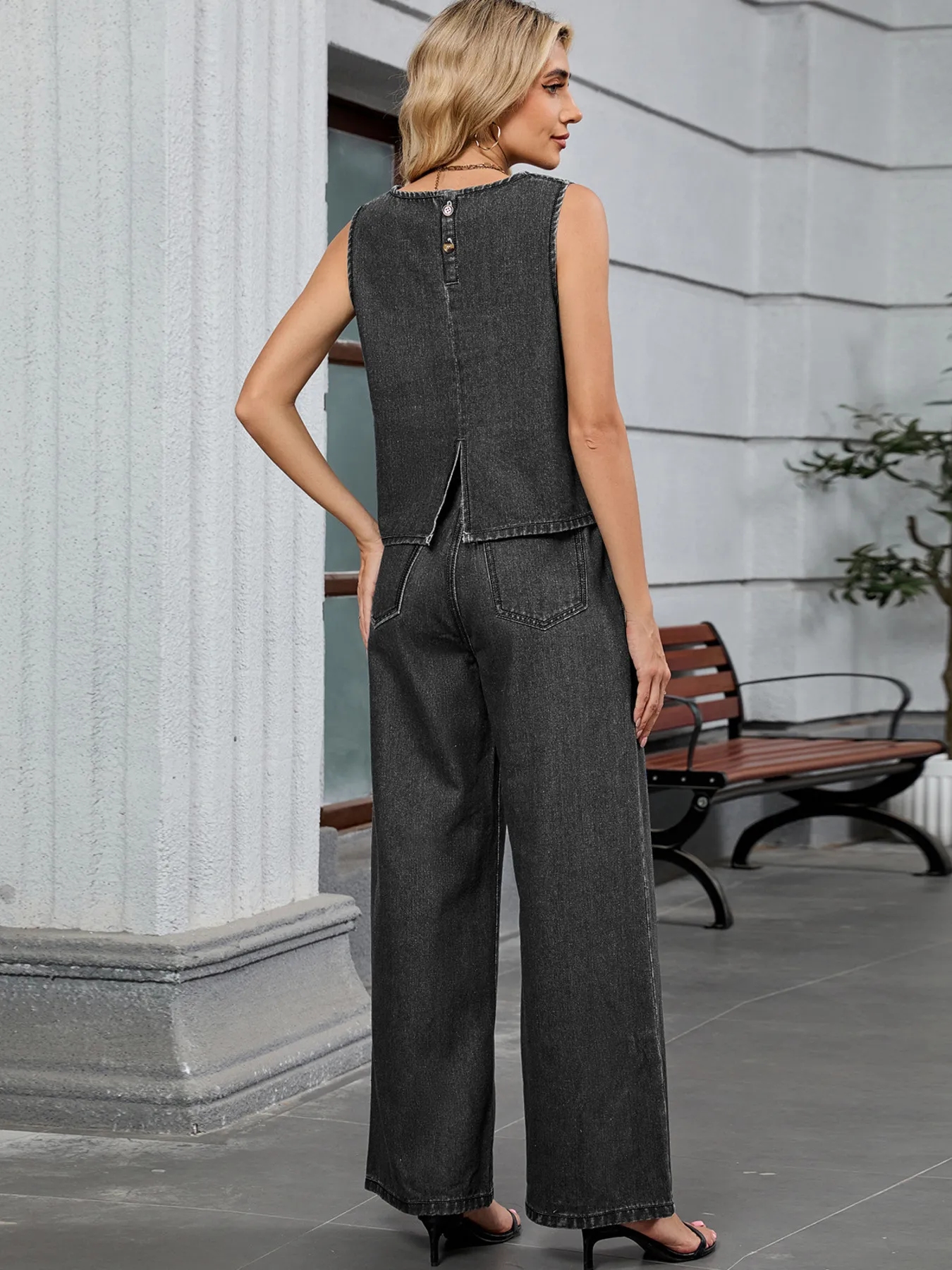 Round Neck Tank and Pants Denim Set - Image 8