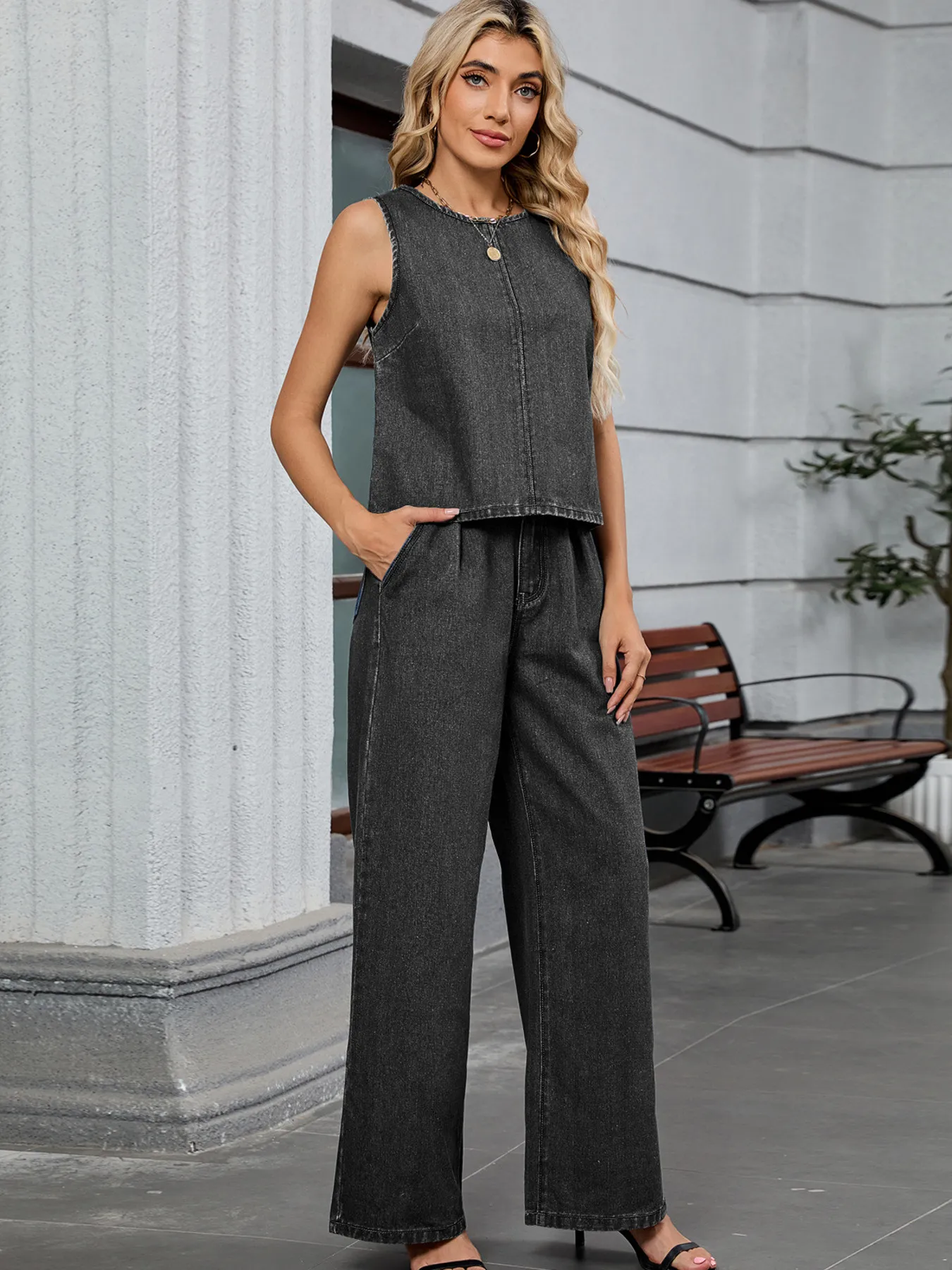 Round Neck Tank and Pants Denim Set - Image 9