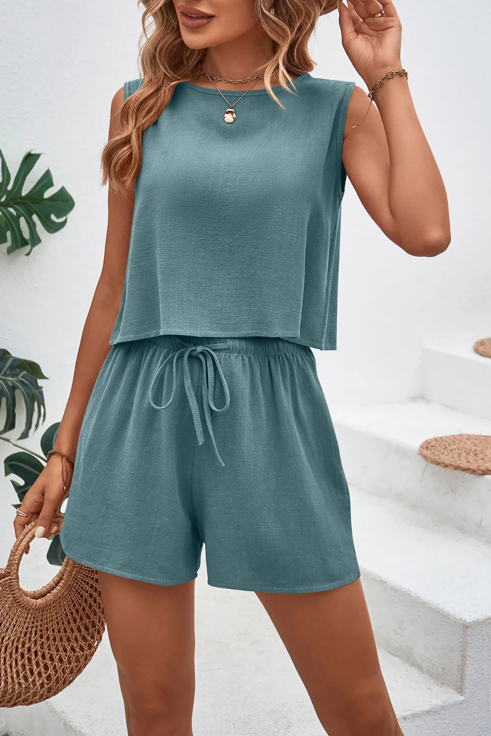 Round Neck Top and Drawstring Shorts Set - Image 11