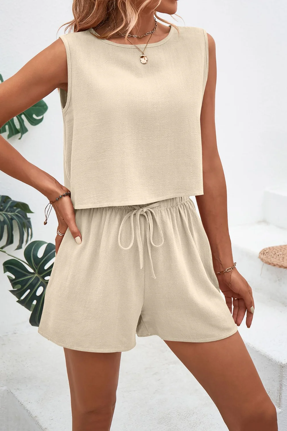 Round Neck Top and Drawstring Shorts Set - Image 16
