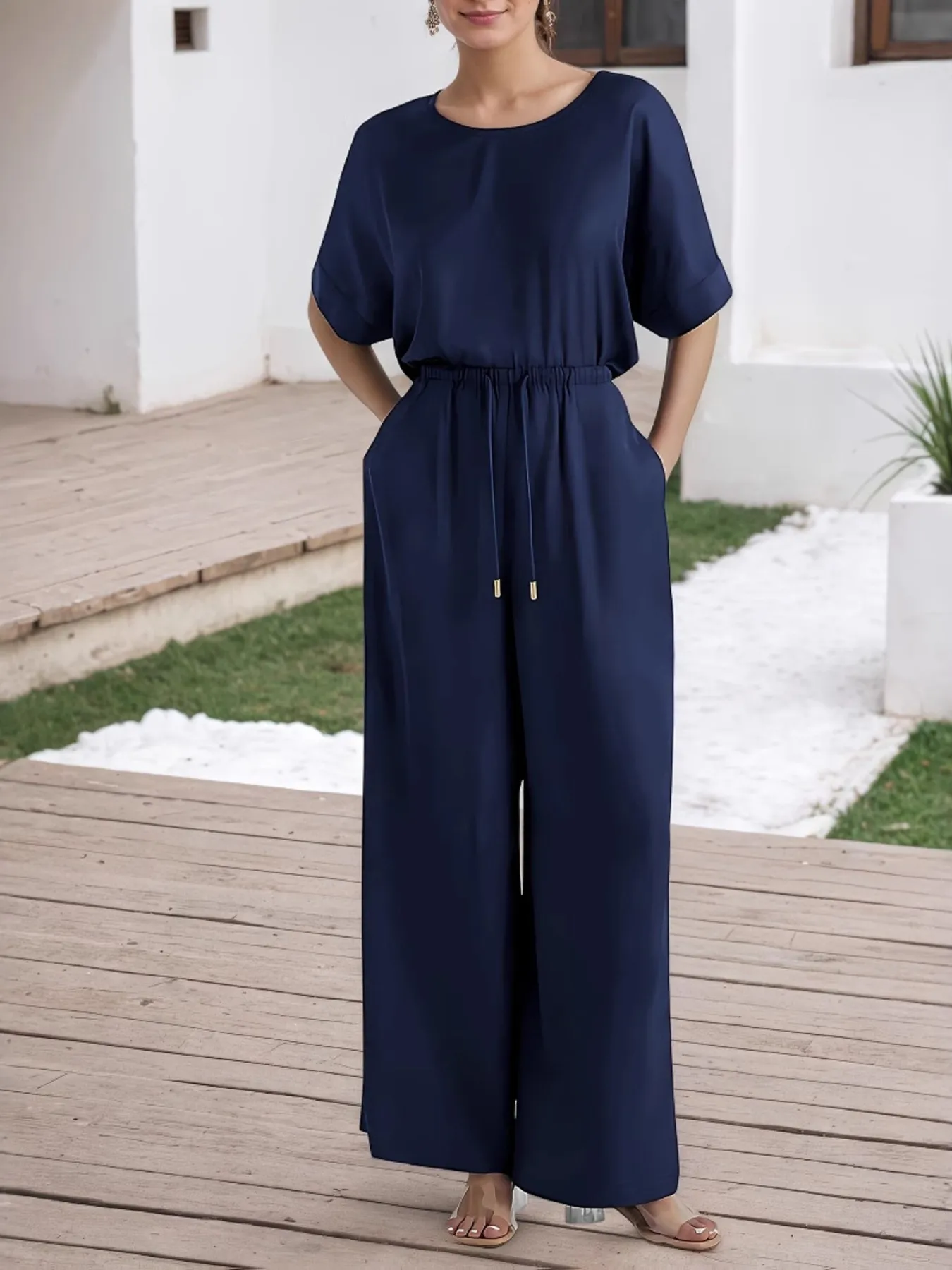 Round Neck Top and Pants Set - Image 2