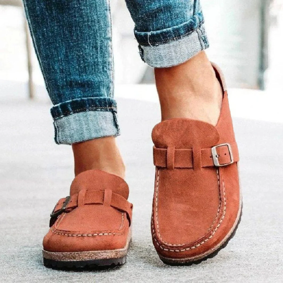 Round Toe Low Heel Buckle Loafers - Image 13