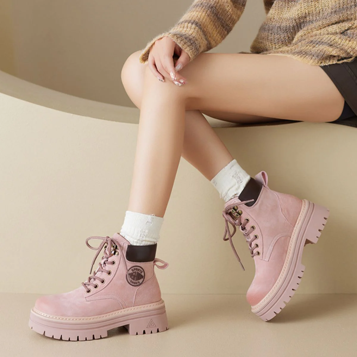 Round Toe Platform Lace Up Boots - Image 2