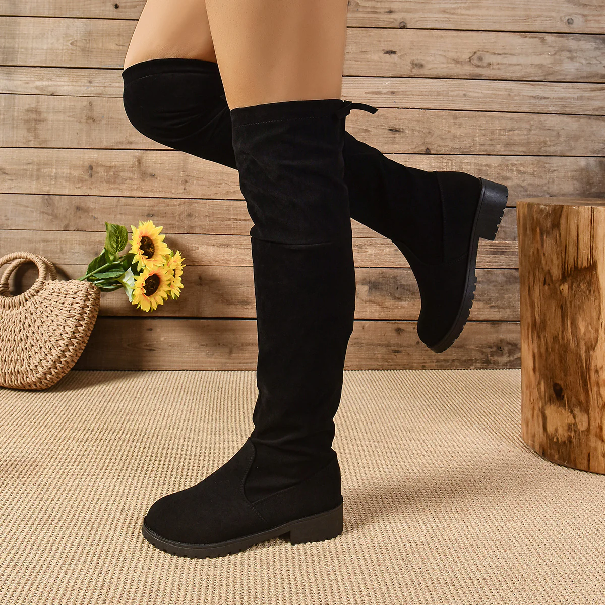 Round Toe Suede Low Heel Boots - Image 2