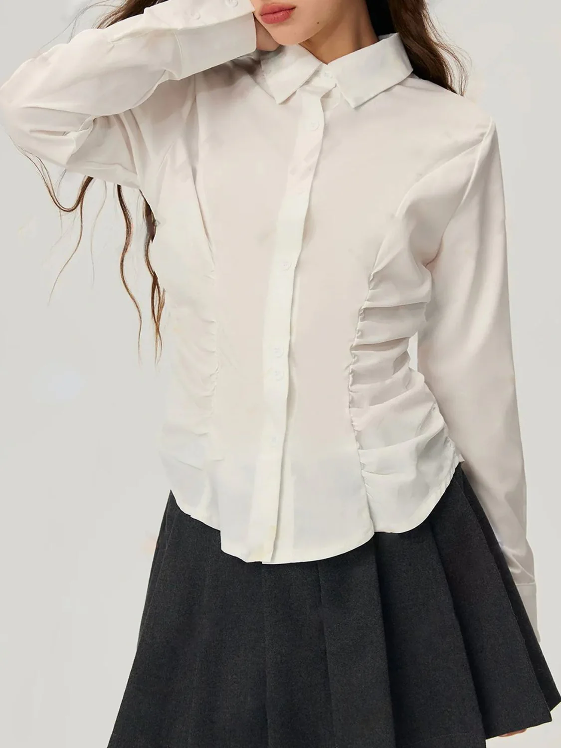 Ruched Button Down Long Sleeve Shirt - Image 4