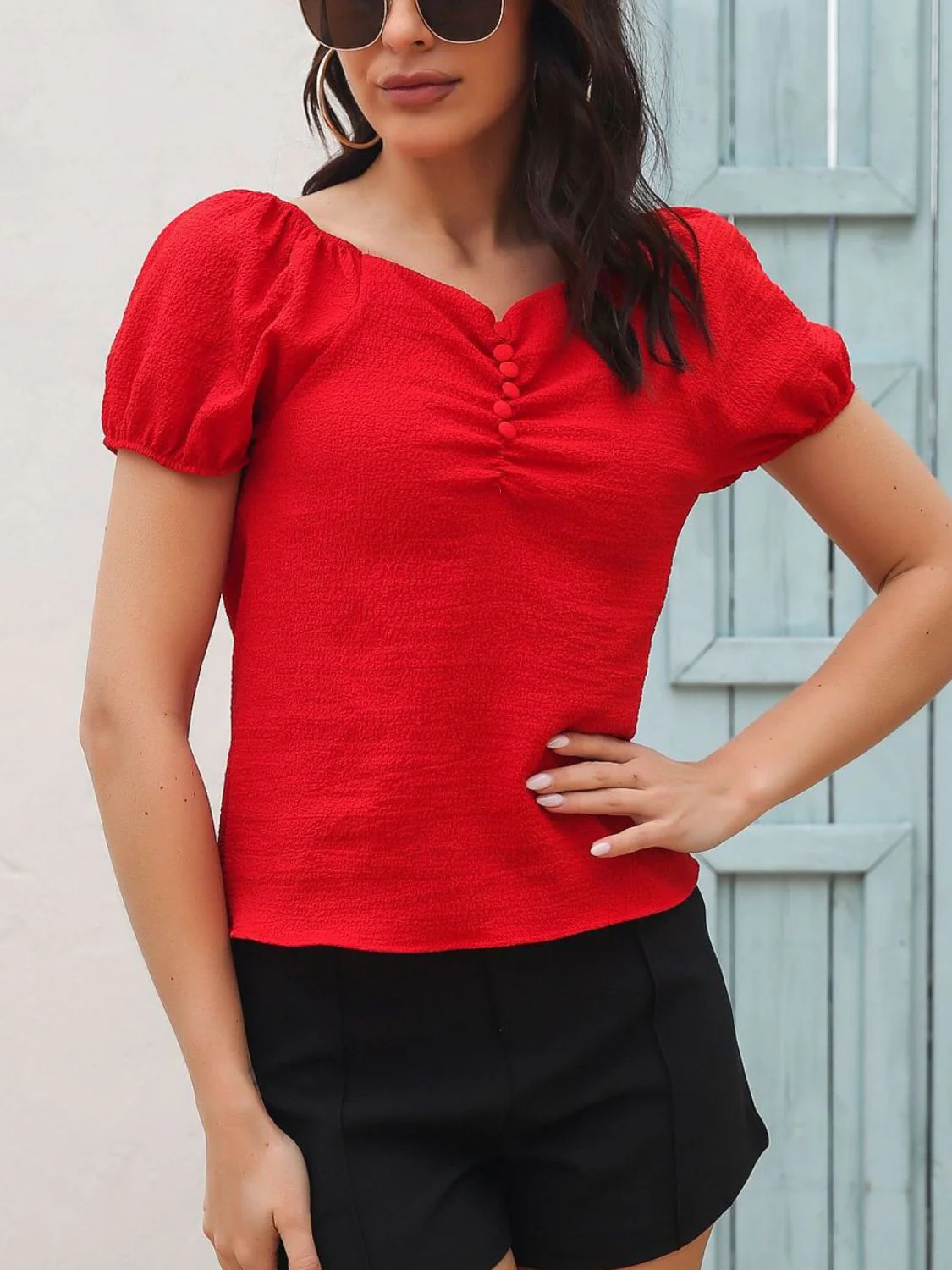 Ruched Decor Button V-Neck Short Sleeve Blouse - Image 4