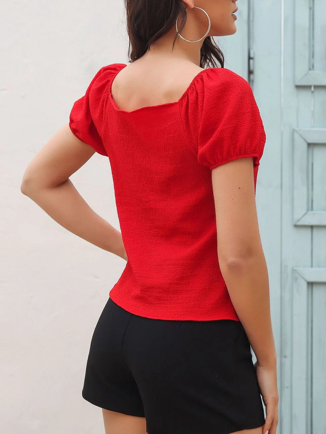 Ruched Decor Button V-Neck Short Sleeve Blouse - Image 5