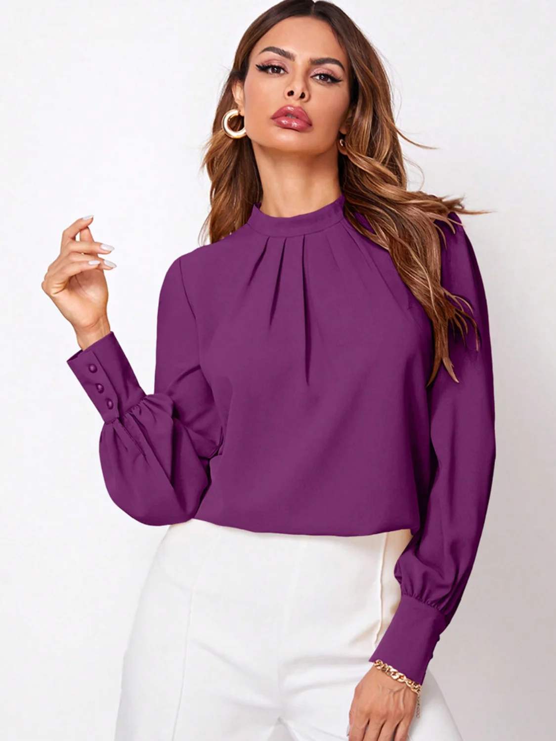 Ruched Mock Neck Long Sleeve Blouse - Image 21