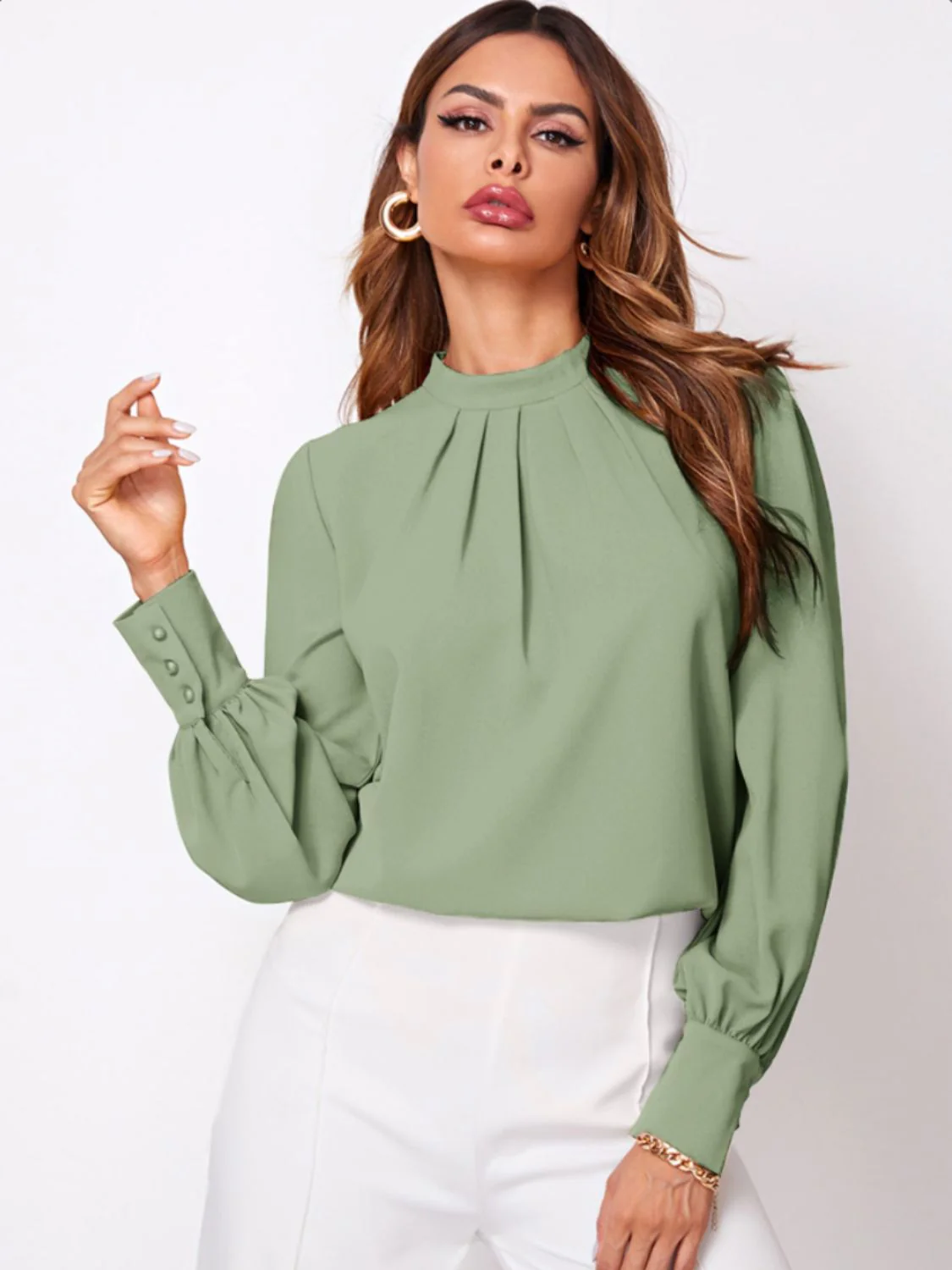 Ruched Mock Neck Long Sleeve Blouse - Image 7