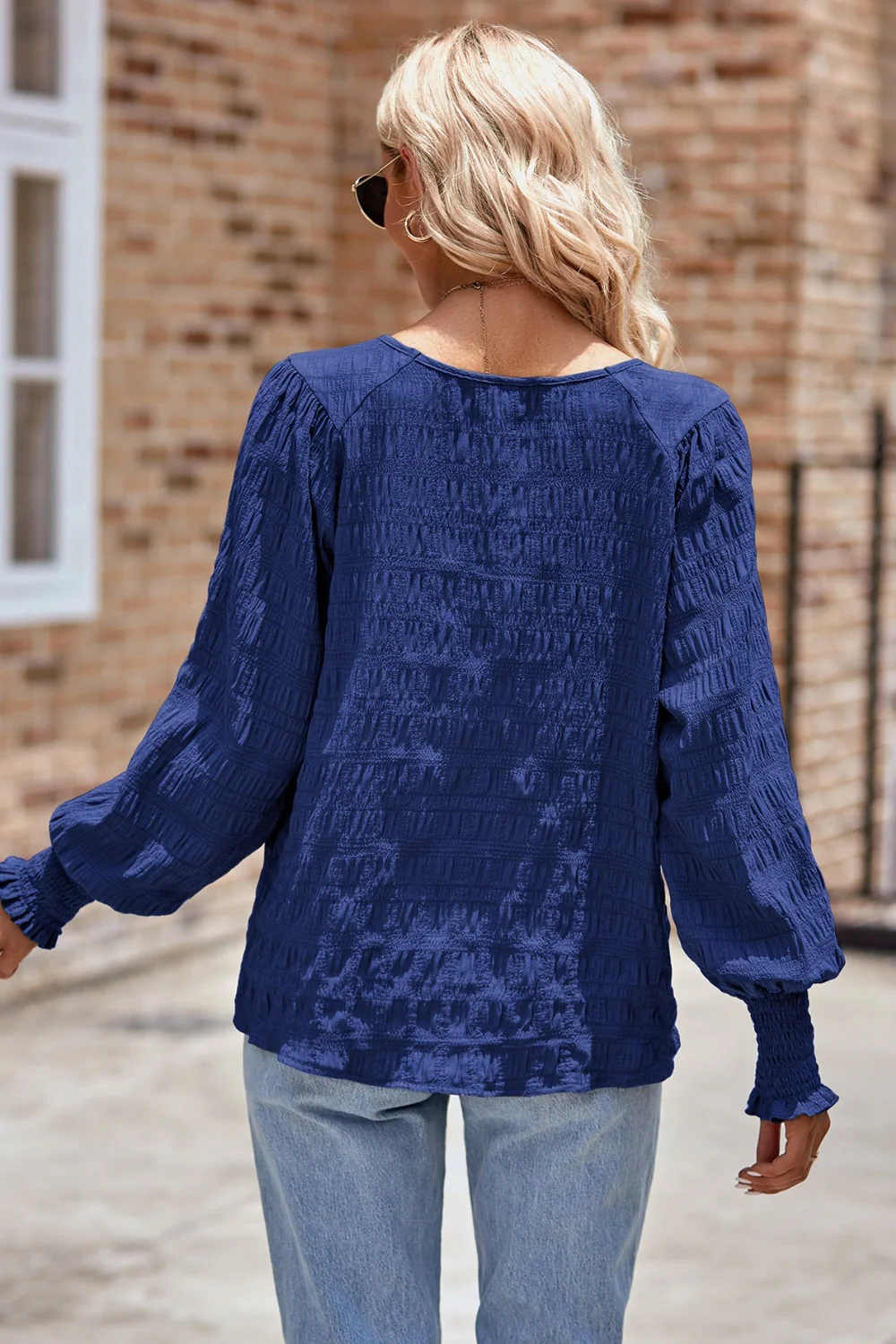 Ruched Round Neck Lantern Sleeve Blouse - Image 3