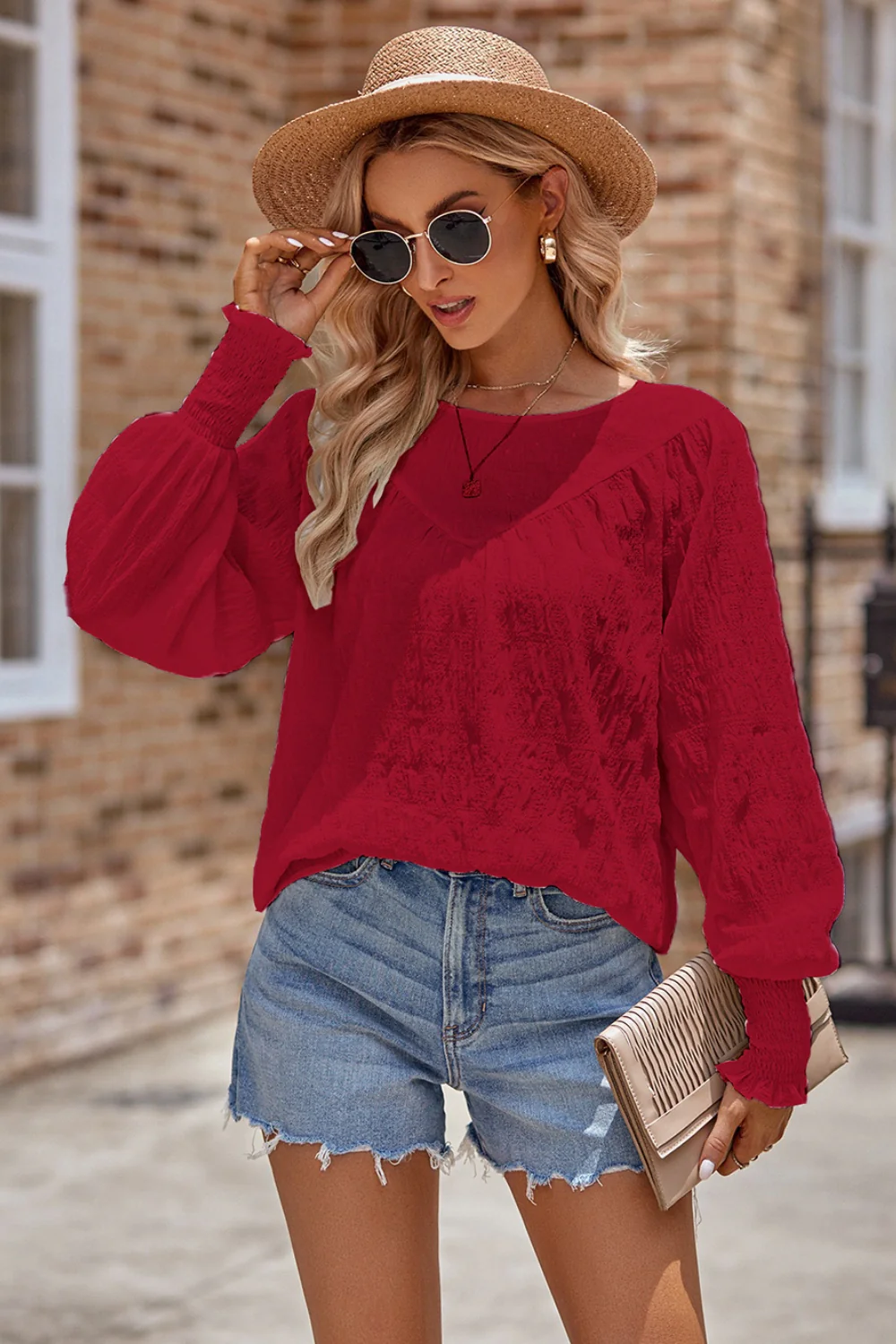 Ruched Round Neck Lantern Sleeve Blouse - Image 5
