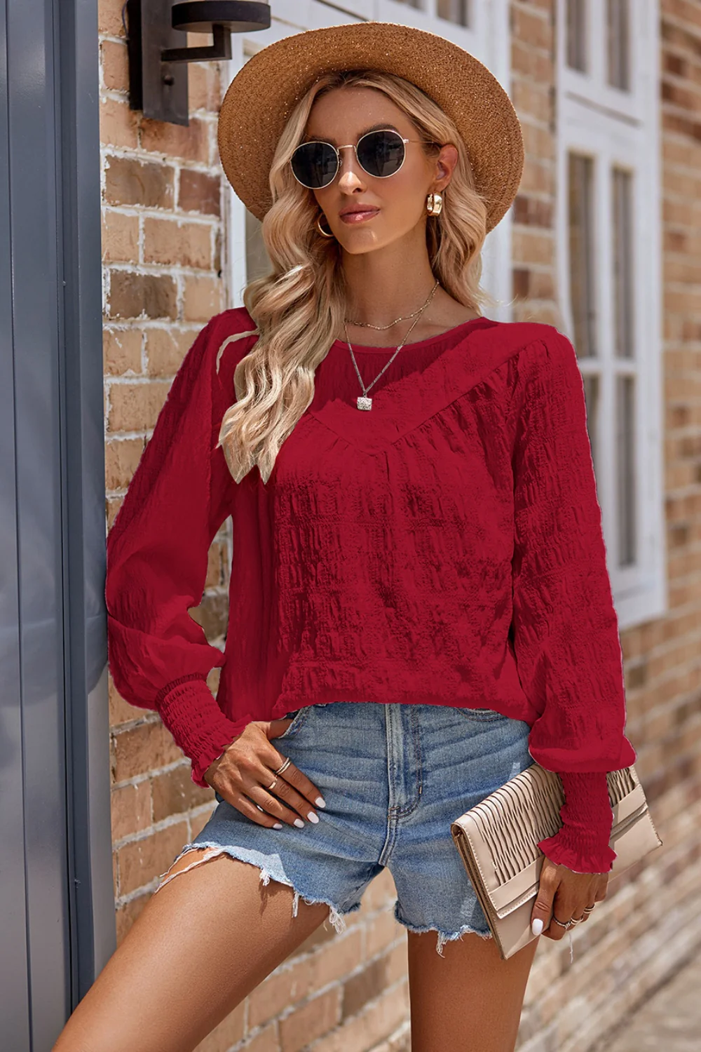 Ruched Round Neck Lantern Sleeve Blouse - Image 6