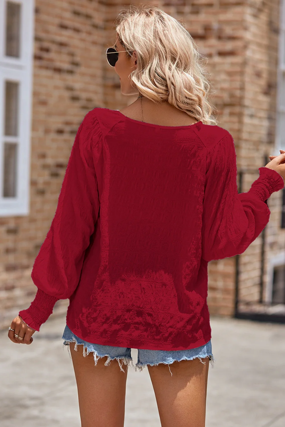 Ruched Round Neck Lantern Sleeve Blouse - Image 7