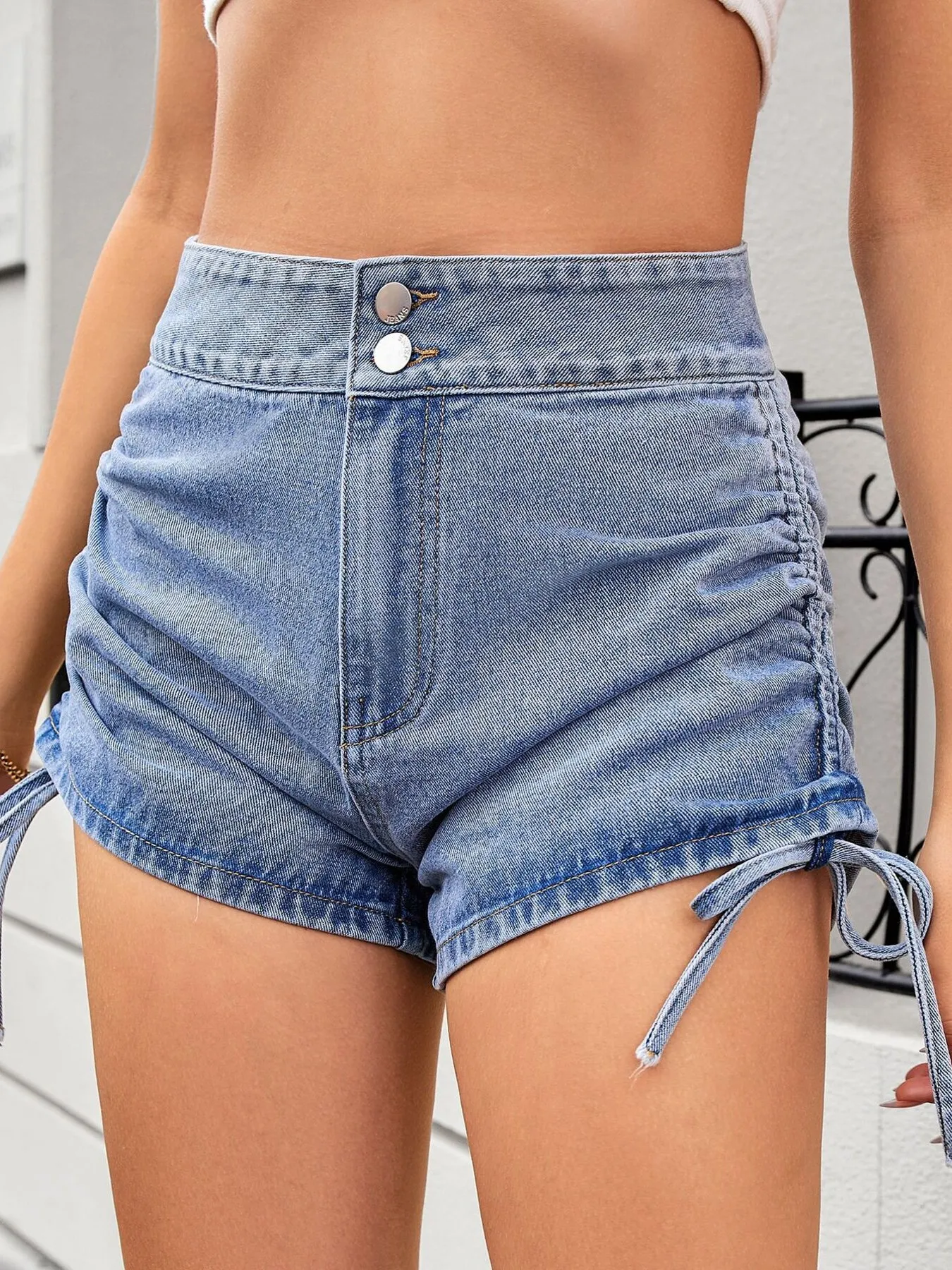 Ruched Side Drawstring Denim Shorts - Image 4