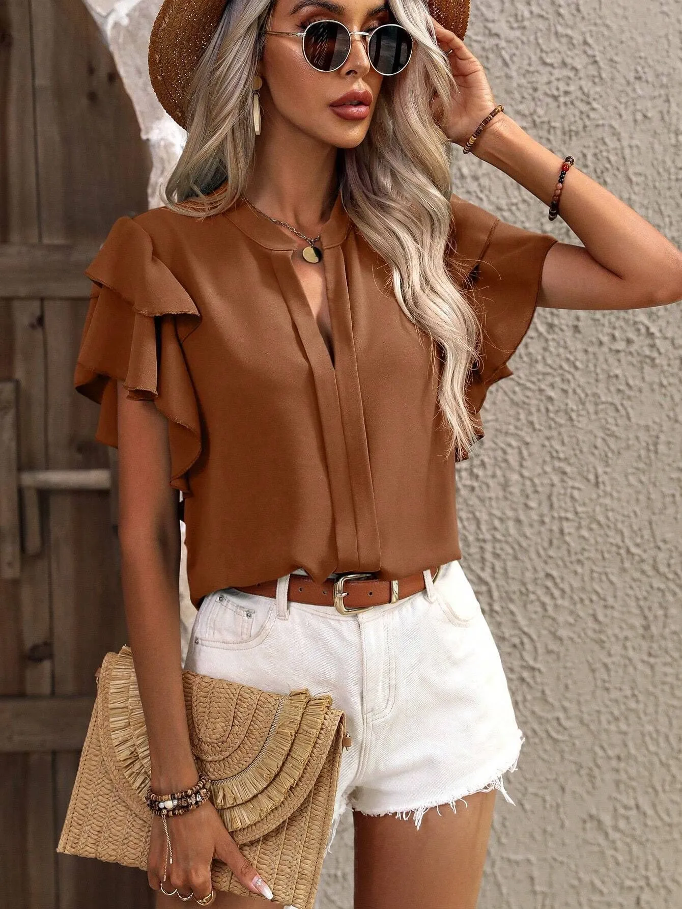 Ruffle Sleeve Notched Blouse - Image 11