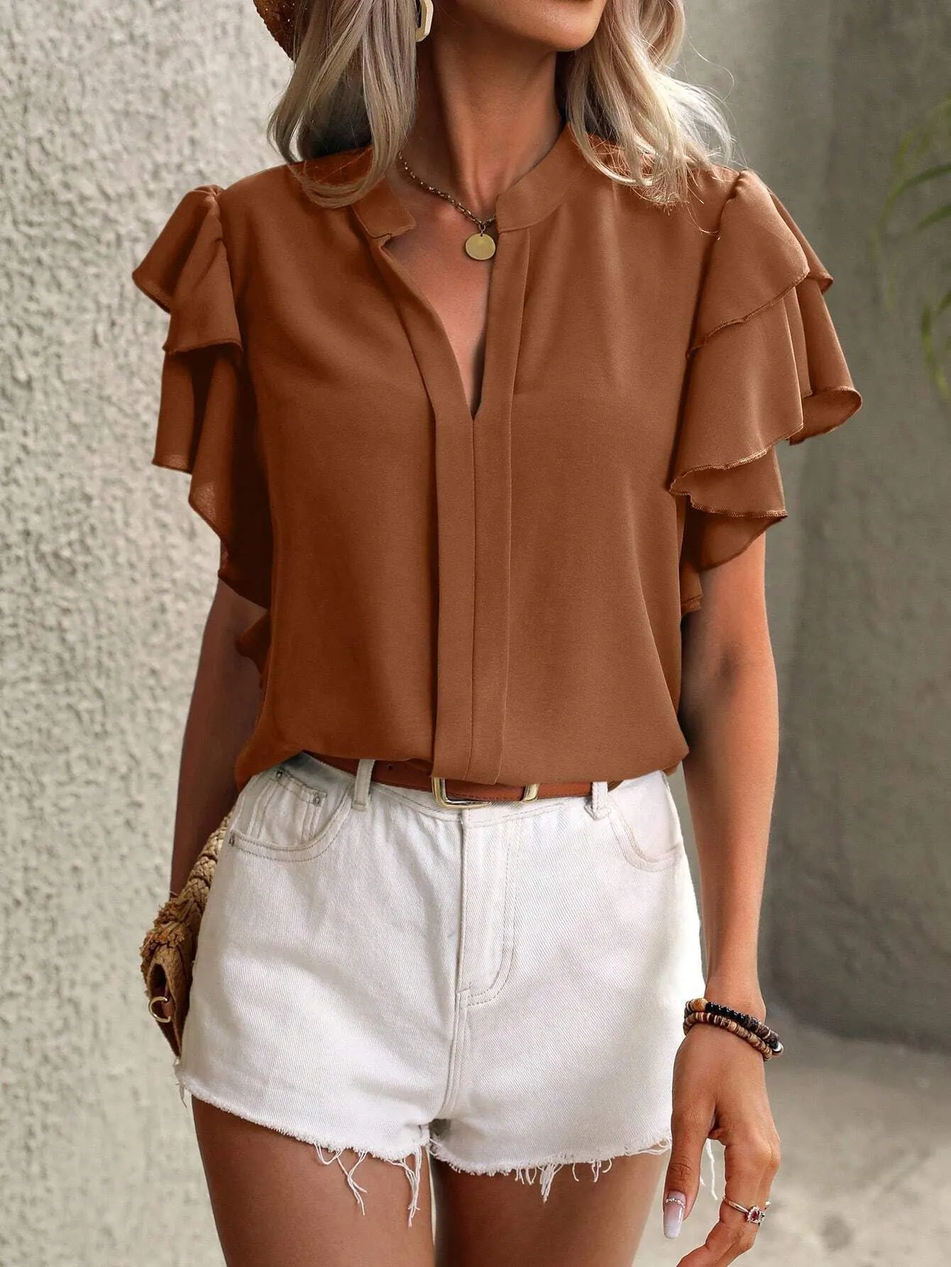 Ruffle Sleeve Notched Blouse - Image 12