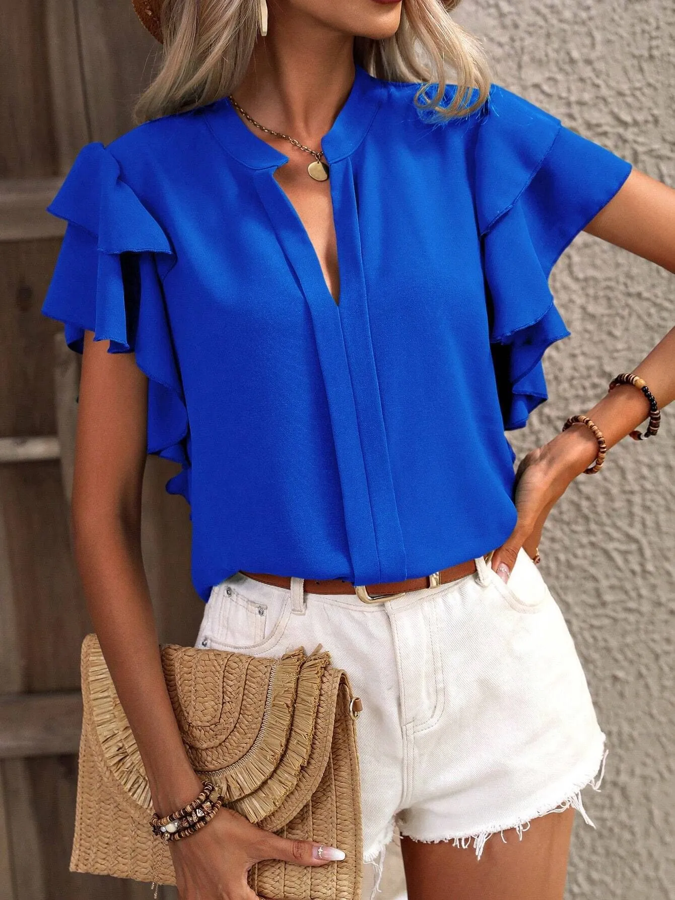 Ruffle Sleeve Notched Blouse - Image 14