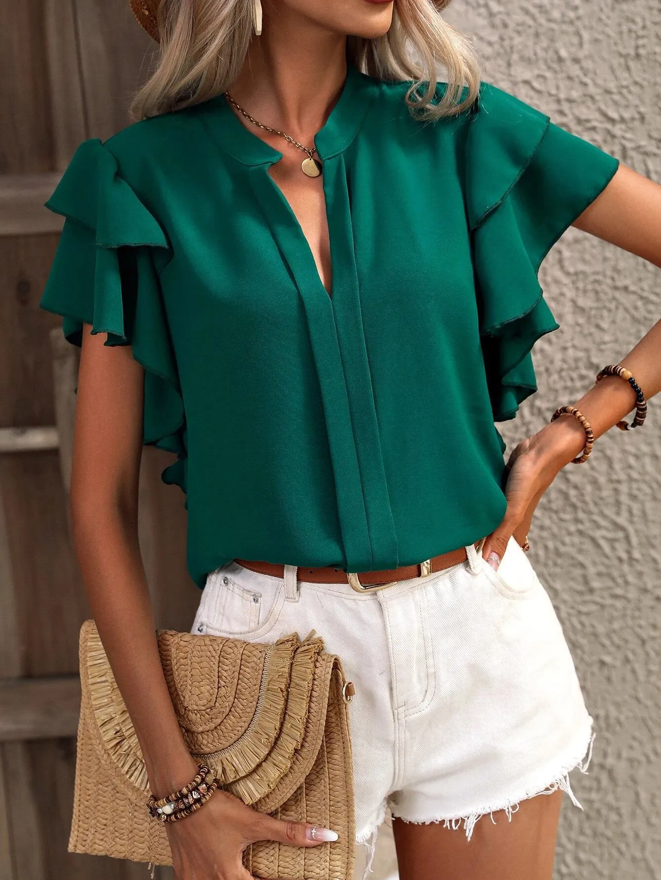 Ruffle Sleeve Notched Blouse - Image 18