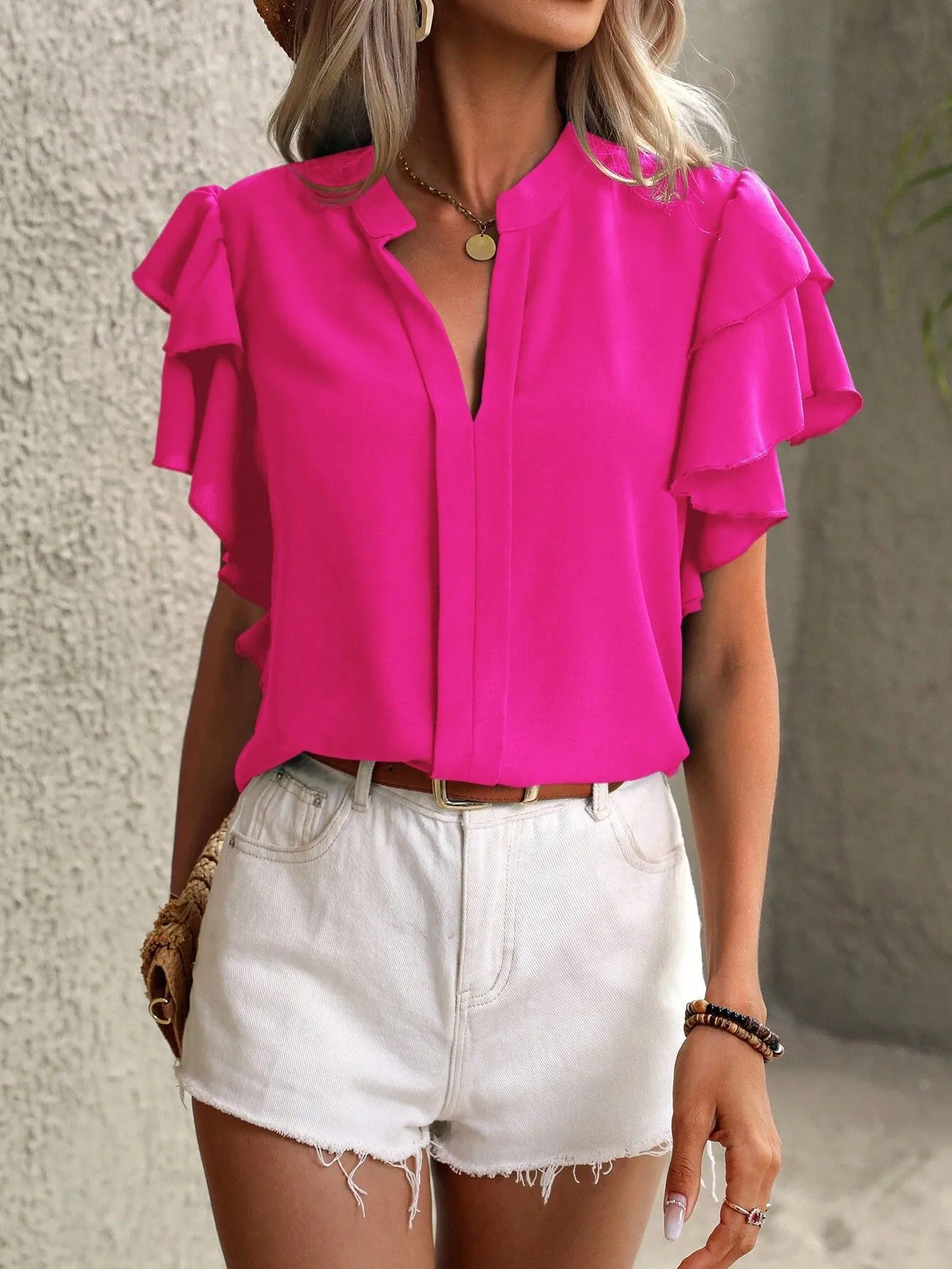 Ruffle Sleeve Notched Blouse - Image 2