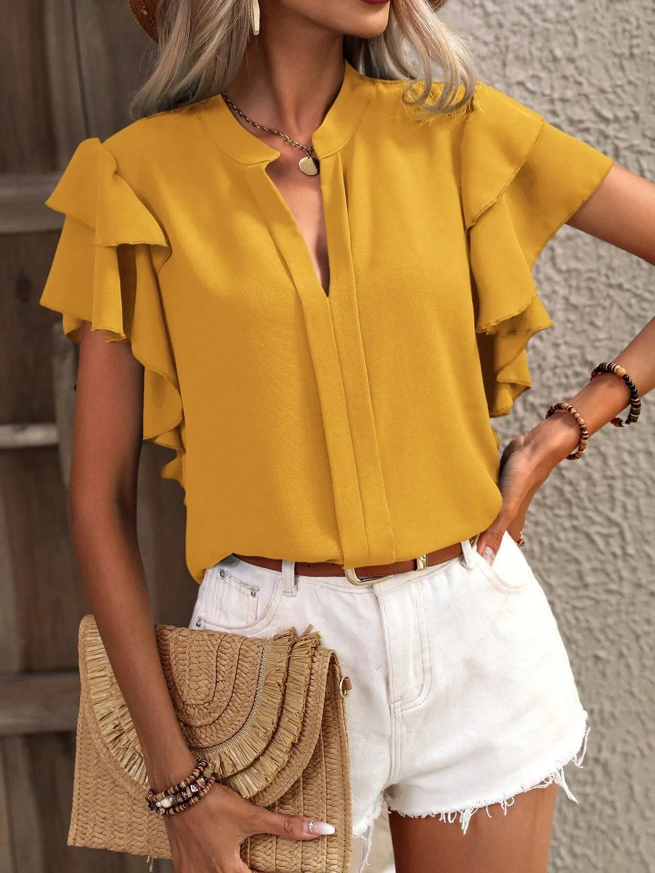 Ruffle Sleeve Notched Blouse - Image 22