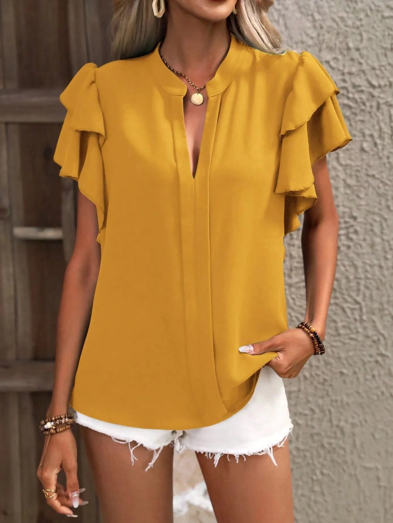 Ruffle Sleeve Notched Blouse - Image 23