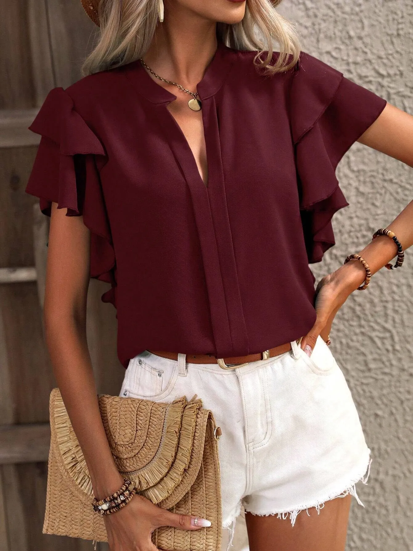 Ruffle Sleeve Notched Blouse - Image 25