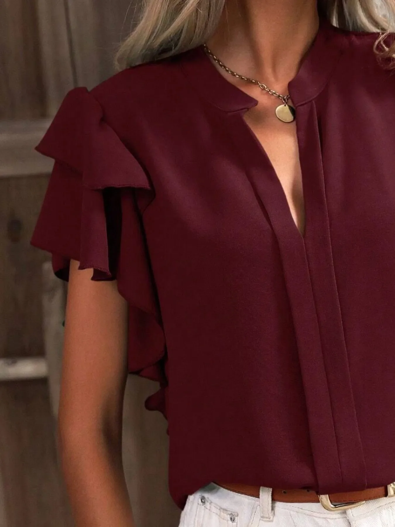 Ruffle Sleeve Notched Blouse - Image 26