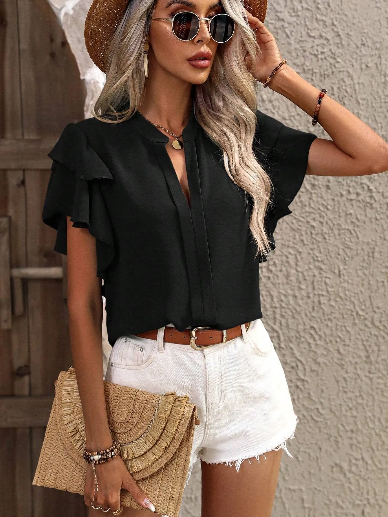 Ruffle Sleeve Notched Blouse - Image 5