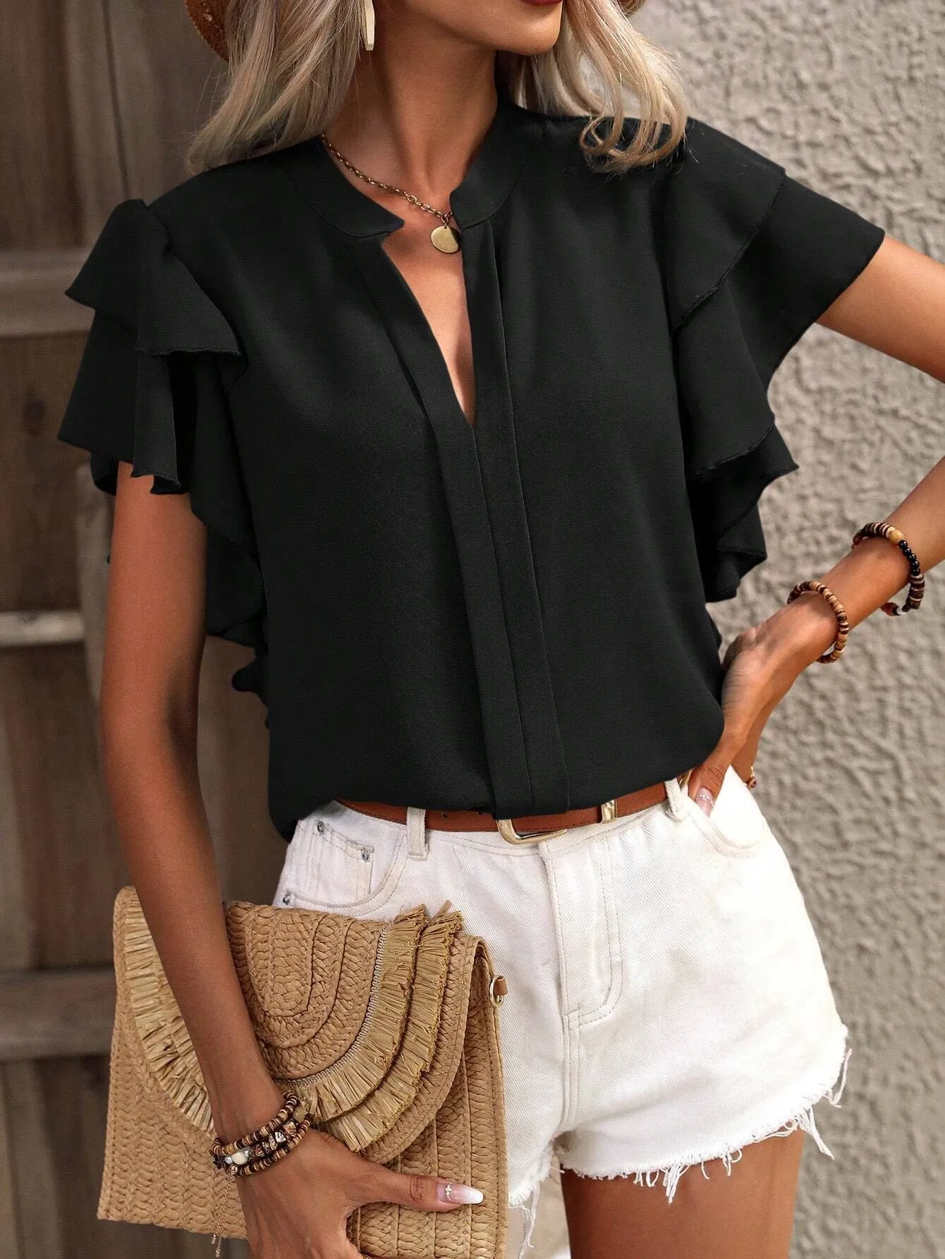 Ruffle Sleeve Notched Blouse - Image 6