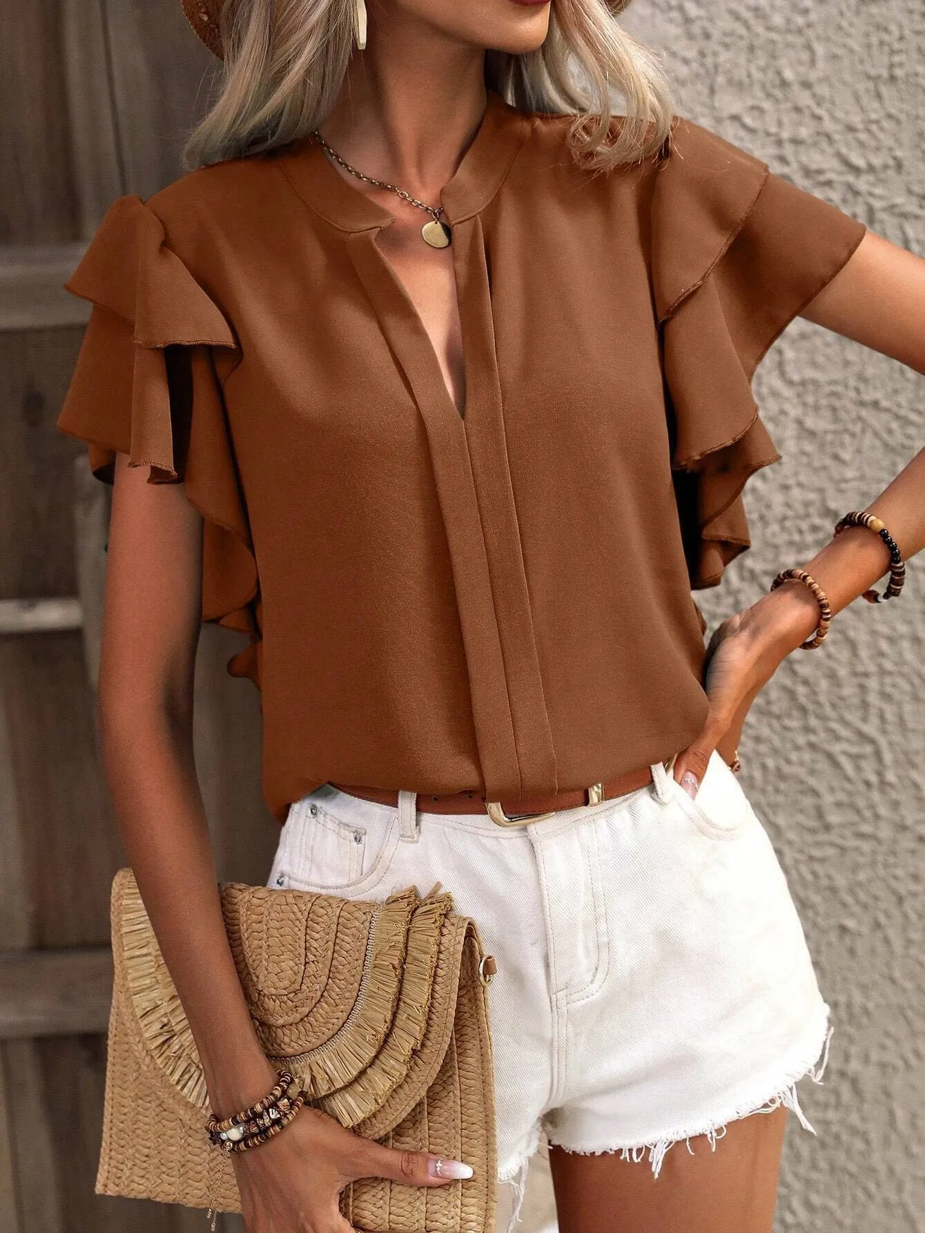 Ruffle Sleeve Notched Blouse - Image 9
