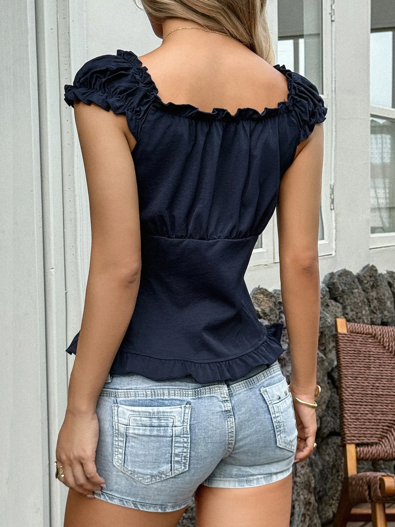 Ruffle Trim Button-Up Cap Sleeve Shirt - Image 3