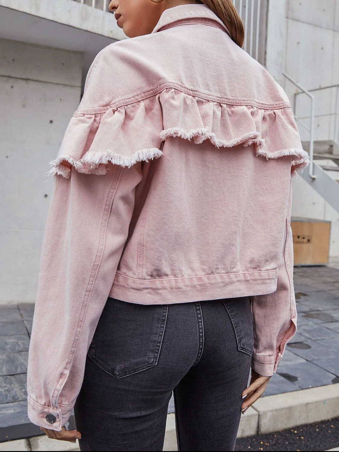 Ruffled Collared Neck Long Sleeve Denim Top - Image 2