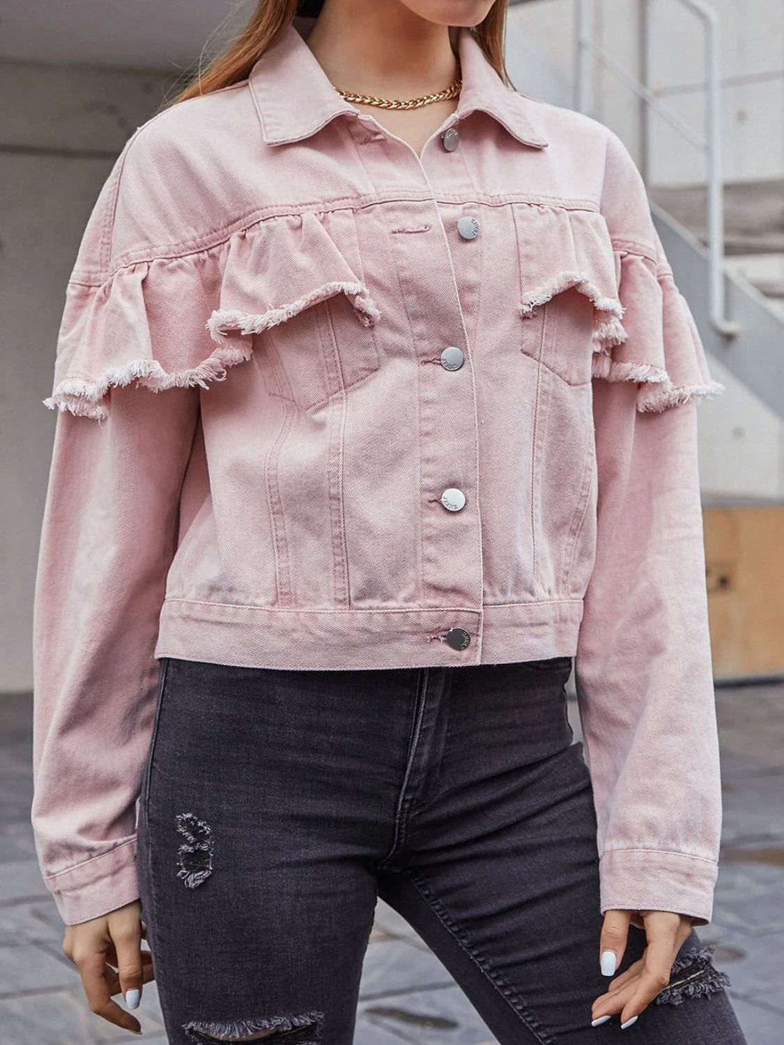 Ruffled Collared Neck Long Sleeve Denim Top - Image 4