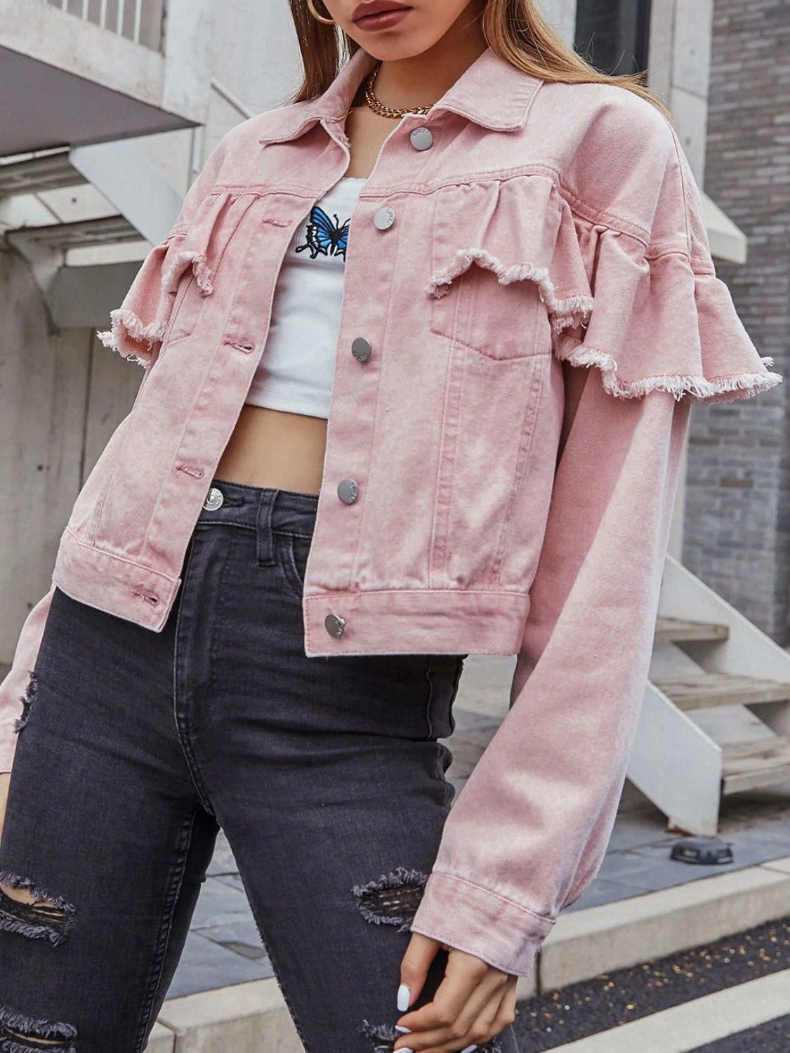 Ruffled Collared Neck Long Sleeve Denim Top - Image 5