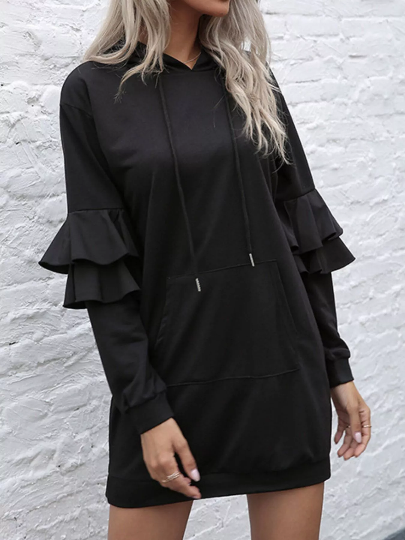 Ruffled Drawstring Long Sleeve Hooded Dress - Image 3