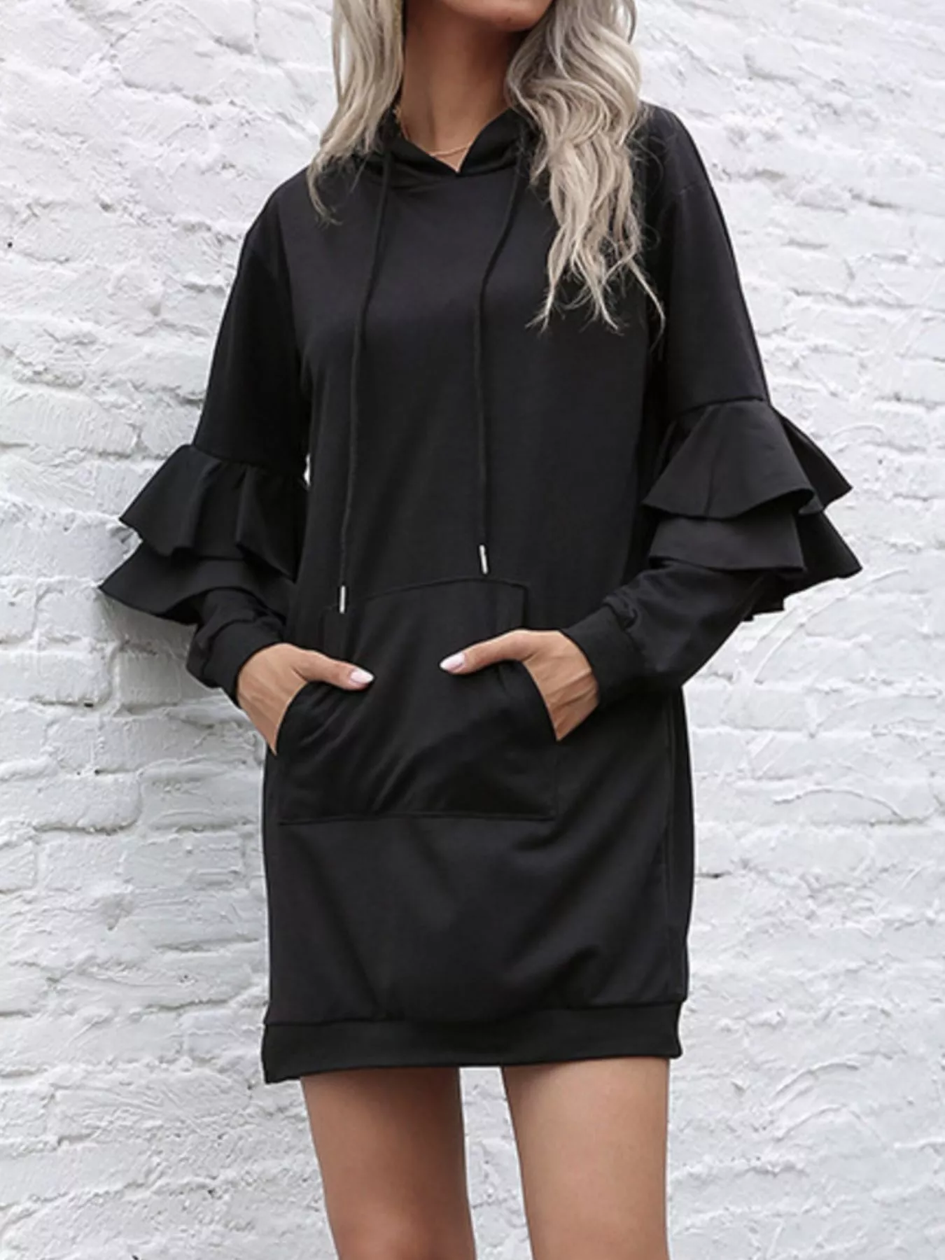 Ruffled Drawstring Long Sleeve Hooded Dress - Image 5