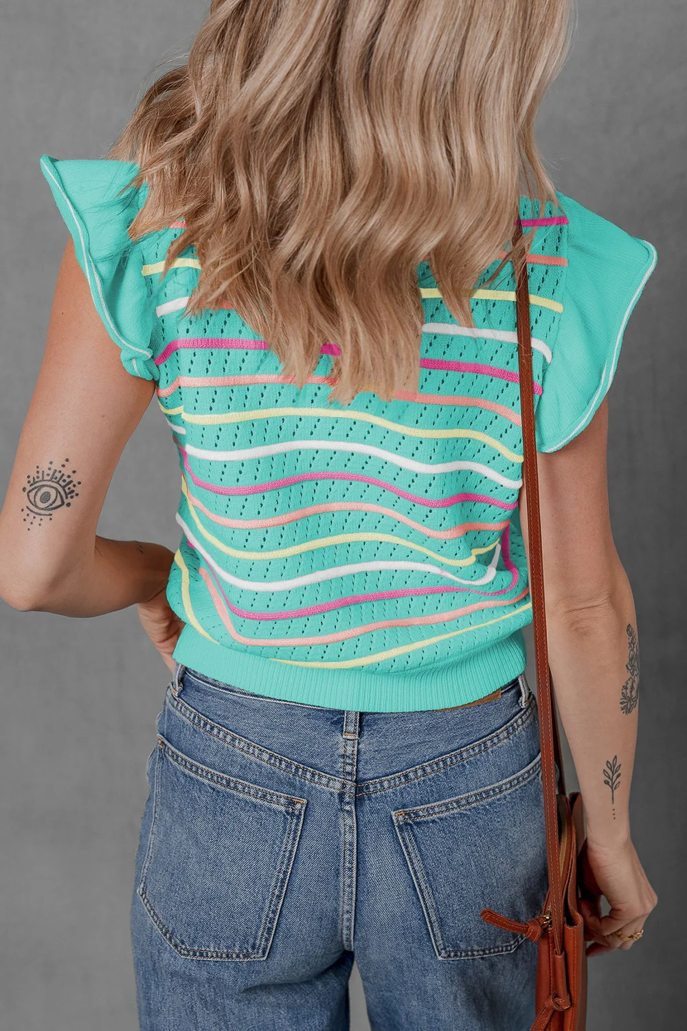 Ruffled Eyelet Striped Round Neck Cap Sleeve Knit Top - Image 2