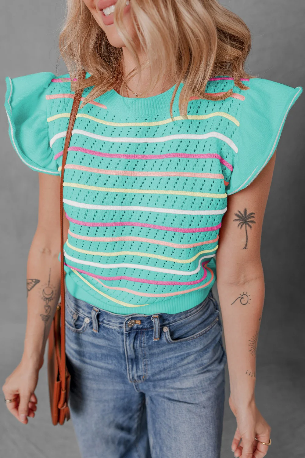 Ruffled Eyelet Striped Round Neck Cap Sleeve Knit Top - Image 3
