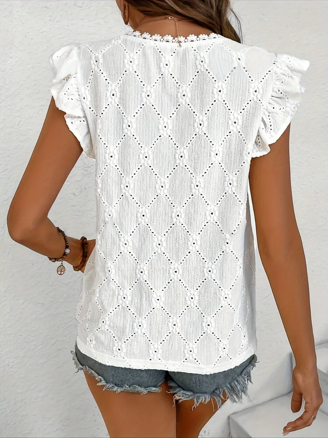 Ruffled Eyelet V-Neck Cap Sleeve Blouse - Image 2