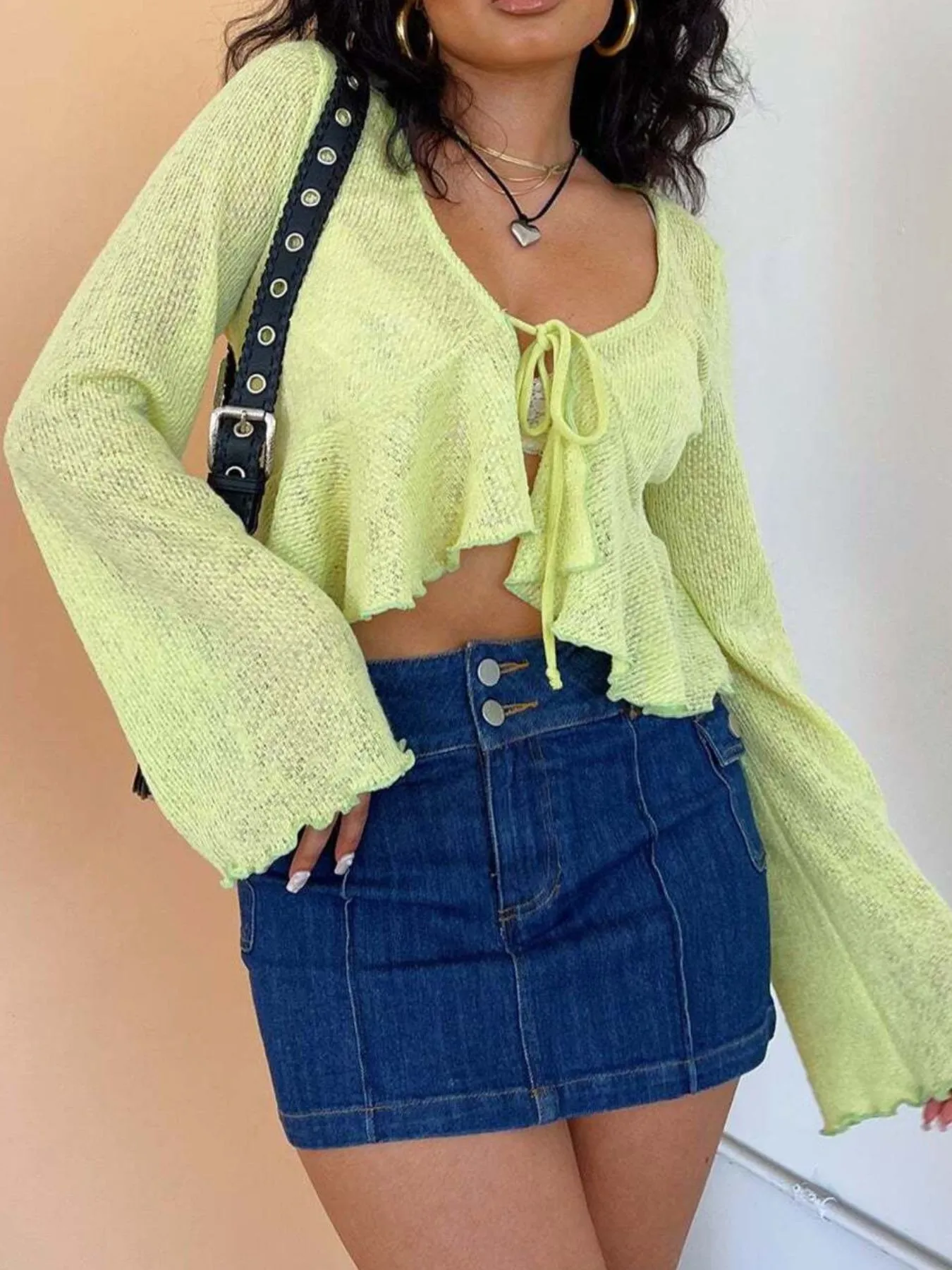 Ruffled Hem Tie-Front Cropped Cardigan - Image 3