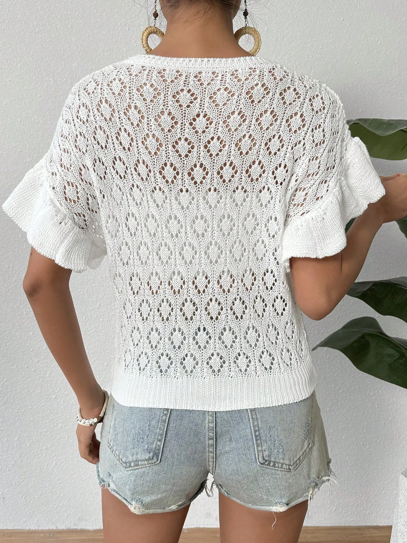 Ruffled Openwork Round Neck Knit Top - Image 2