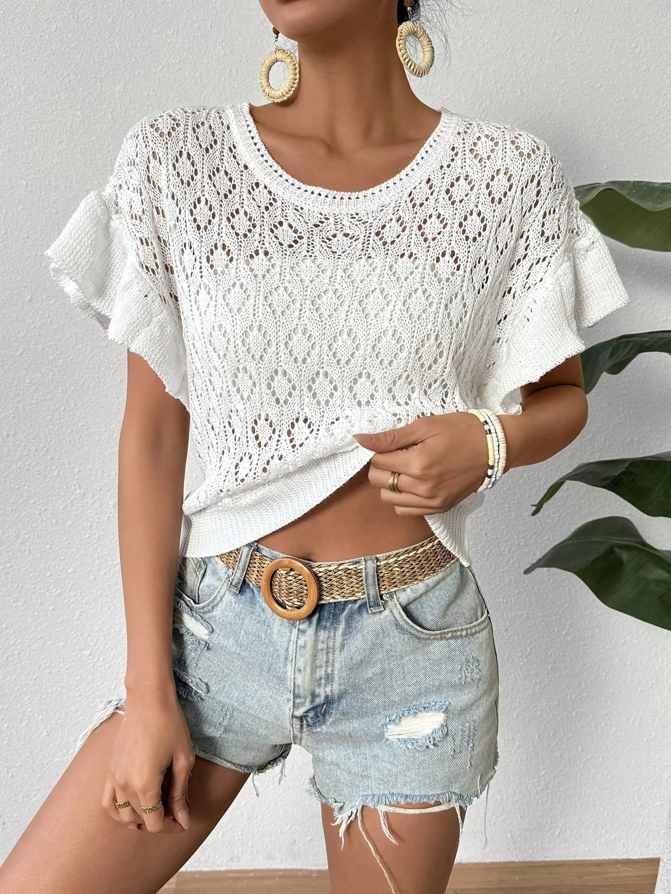 Ruffled Openwork Round Neck Knit Top - Image 3