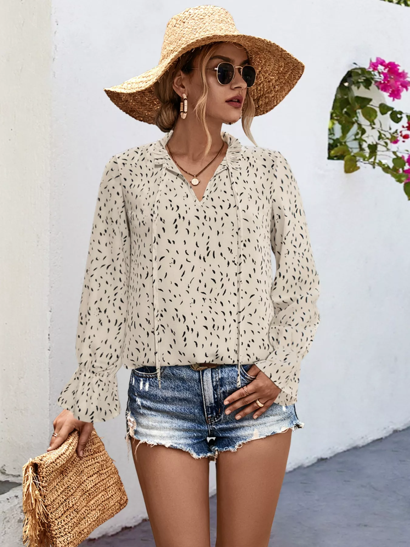 Ruffled Printed Tie Neck Long Sleeve Blouse - Image 11