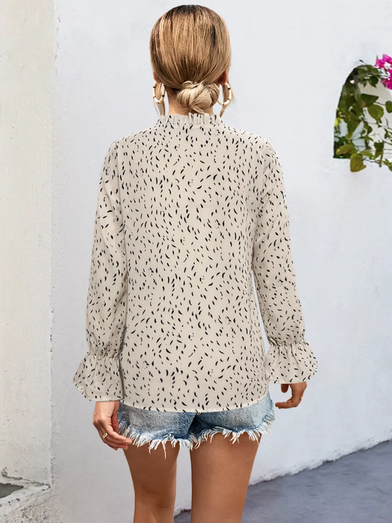Ruffled Printed Tie Neck Long Sleeve Blouse - Image 12