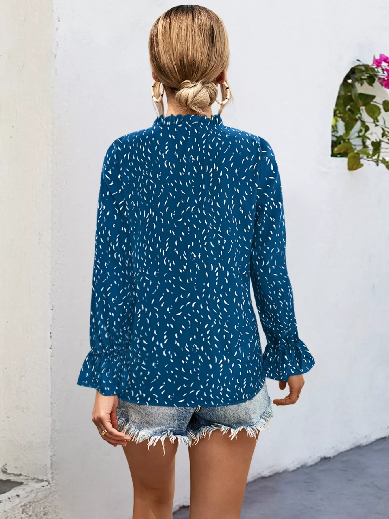 Ruffled Printed Tie Neck Long Sleeve Blouse - Image 2
