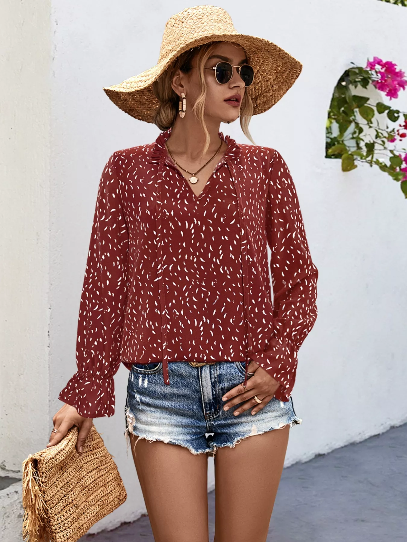 Ruffled Printed Tie Neck Long Sleeve Blouse - Image 6