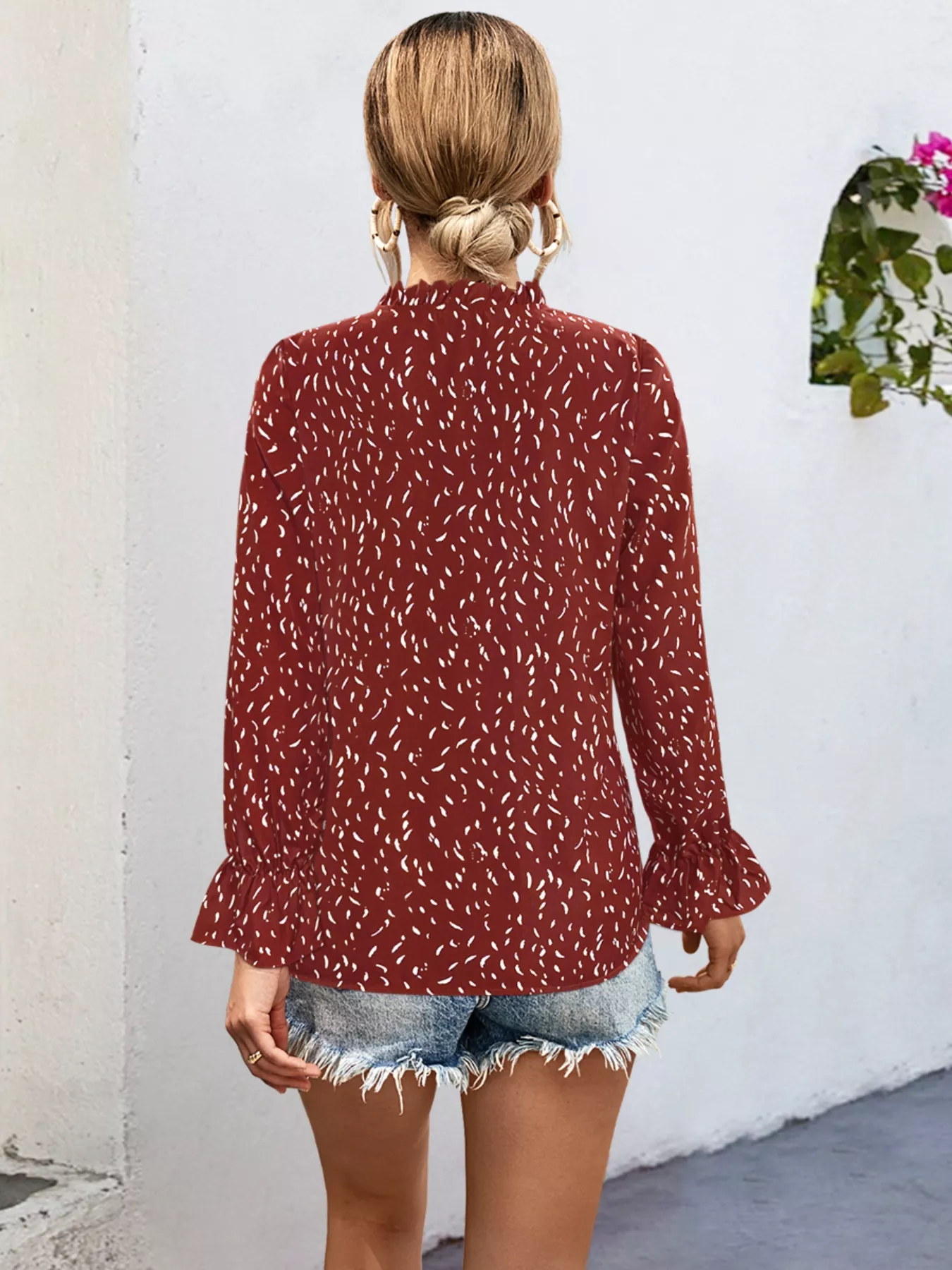 Ruffled Printed Tie Neck Long Sleeve Blouse - Image 7